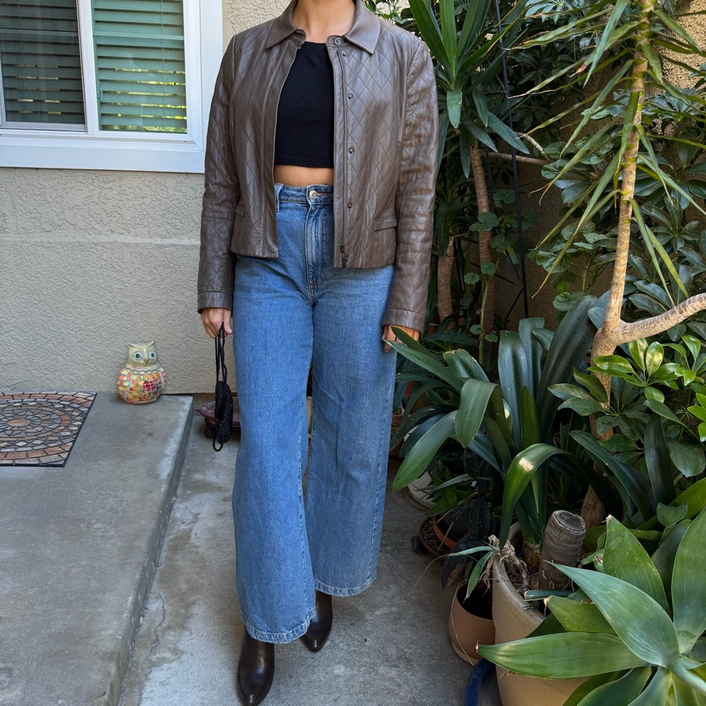 Vintage Worth Quilted Leather Cropped Jacket with Pockets - Grayish Brown